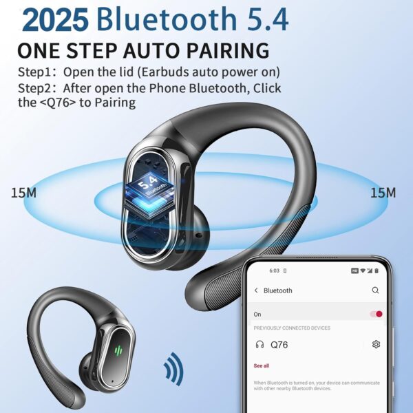 Wireless Earbuds, 2025 Bluetooth 5.4 Headphones Sport, Bluetooth Earbuds with ENC Noise Canceling Mic, 75H Stereo Wireless Headphones IP7 Waterproof with Earhooks, Dual LED Display for Workout/Running - Image 2